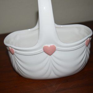 Vtg 80’s Porcelain FTDA Pleated Valentine’s Day Heart Vase Basket Baby Girl Gift